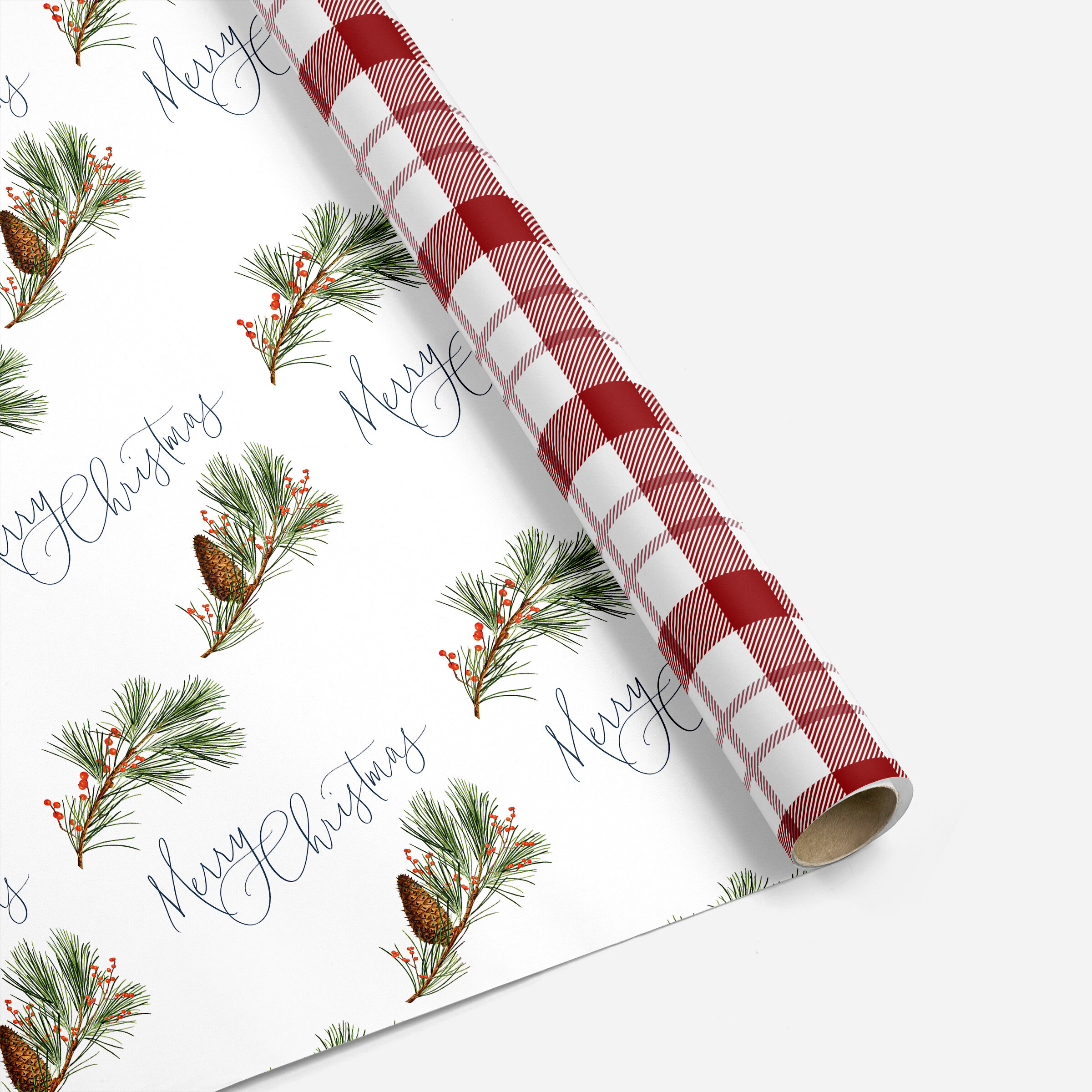 Calligraphy & Pine Christmas Double-Sided Wrapping Paper, with